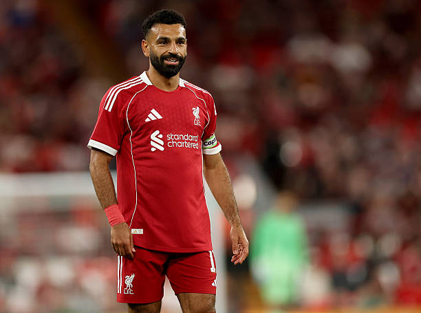 LIVERPOOL, ENGLAND - AUGUST 04:  Mohamed Salah of Liverpool  during the pre-season friendly match between Liverpool v Athletic Club Bilbao at Anfield on August 04, 2025 in Liverpool, England. (Photo by Carl Recine/Getty Images)