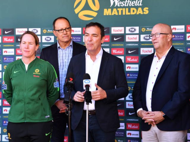 AADELAIDE, AUSTRALIA - AUGUST 31: SA Premier Steven Marshall speaks to media with Mel Andreatta Matilda's assistant coach, Corey Wingard Minister for Police, Emergency Services and Correctional Services and David Ridgway Minister for Trade, Tourism and Investment) during a Matildas media opportunity at Coopers Stadium on August 31, 2019 in Adelaide, Australia. (Photo by Mark Brake/Getty Images)