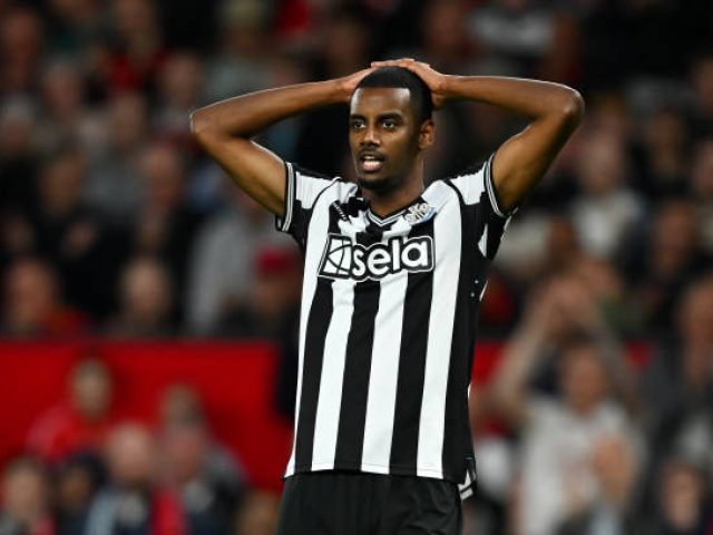 MANCHESTER, ENGLAND - MAY 15: Alexander Isak of Newcastle United reacts after a missed chance during the Premier League match between Manchester United and Newcastle United at Old Trafford on May 15, 2024 in Manchester, England. (Photo by Gareth Copley/Getty Images)