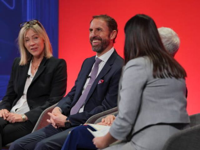 LONDON, ENGLAND - OCTOBER 14: (left to right) Dr Anna Mallett, vice president (production) at Netflix,  former head coach of the England men's football team Gareth Southgate, Maria Balshaw, director of the Tate (obscured) and Culture Secretary Lisa Nandy, take part in the 'UK's creative assets: Soft power as a hard investment opportunity' discussion during the International Investment Summit on October 14, 2024 in London, England. The UK is hosting an International Investment Summit in London, as the new Labour government aims to reset relations with its global trading partners, and to invite investment and growth opportunities across the country. (Photo by Jonathan Brady - WPA Pool/Getty Images)