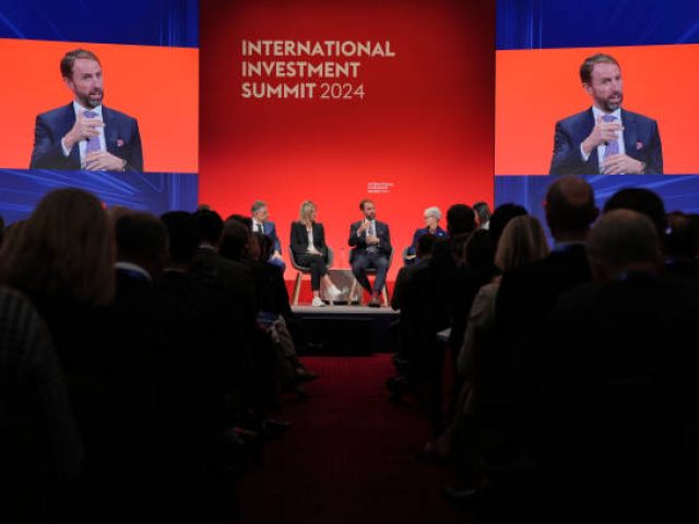LONDON, ENGLAND - OCTOBER 14: Former head coach of the England men's football team Gareth Southgate (centre), takes part in the 'UK's creative assets: Soft power as a hard investment opportunity' discussion during the International Investment Summit on October 14, 2024 in London, England. The UK is hosting an International Investment Summit in London, as the new Labour government aims to reset relations with its global trading partners, and to invite investment and growth opportunities across the country. (Photo by Jonathan Brady - WPA Pool/Getty Images)