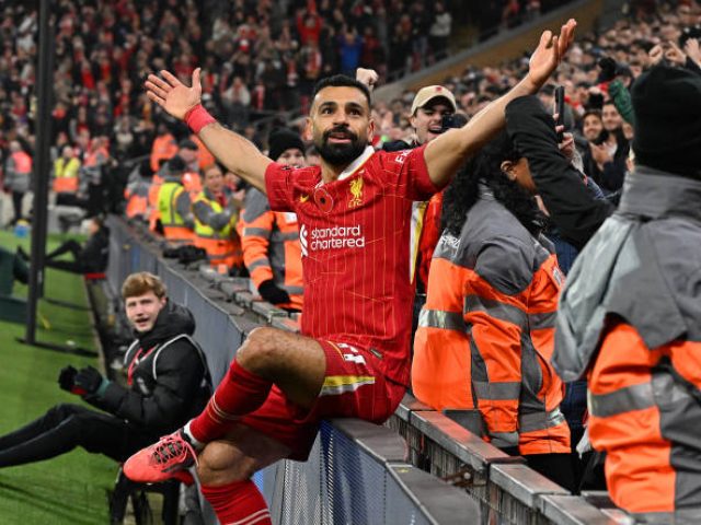 LIVERPOOL, ENGLAND - NOVEMBER 09: (THE SUN OUT, THE SUN ON SUNDAY OUT) Mohamed Salah of Liverpool celebrating after scoring the second goal during the Premier League match between Liverpool FC and Aston Villa FC at Anfield on November 09, 2024 in Liverpool, England. (Photo by John Powell/Liverpool FC via Getty Images)