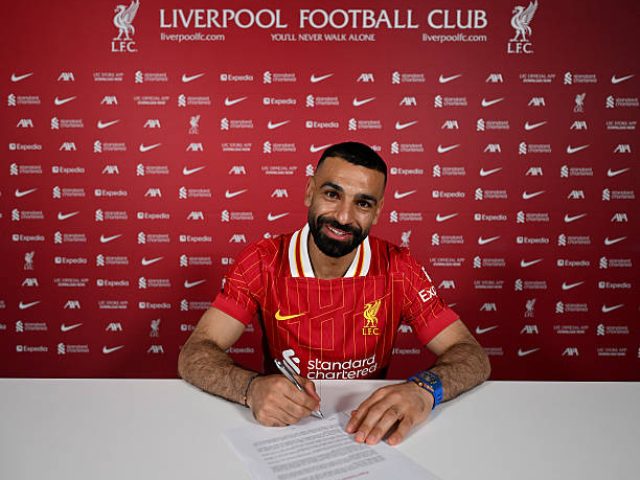 LIVERPOOL, ENGLAND - APRIL 11: (THE SUN OUT, THE SUN ON SUNDAY OUT) Mohamed Salah of Liverpool signs a new contract extension at Anfield on April 11, 2025 in Liverpool, England. (Photo by Andrew Powell/Liverpool FC via Getty Images)